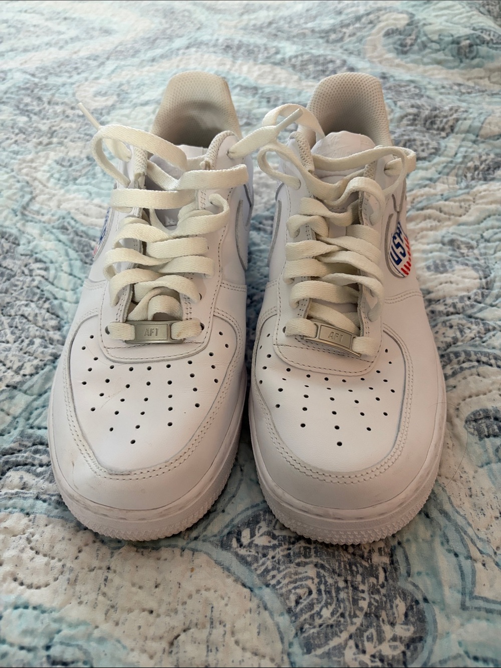 Custom Triple White Women’s Nike Air Force 1 With Team USA Stamp on Nike Check - Picture 2 of 9